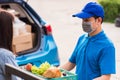 Delivery man wear face mask grocery fast service giving fresh food vegetable to woman customer Royalty Free Stock Photo