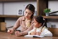 Asian young female housewife mother tutor teacher sitting smiling on table in living room holding tablet computer pointing Royalty Free Stock Photo