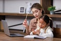 Asian young female housewife mother tutor teacher sitting smiling on table in living room using notebook computer pointing Royalty Free Stock Photo