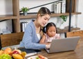 Asian young female mother and little cute girl daughter sitting smiling learning studying doing homework online via laptop Royalty Free Stock Photo