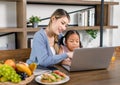 Asian young female mother and little cute girl daughter sitting smiling learning studying doing homework online via laptop Royalty Free Stock Photo