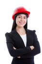 Asian young female wearing red hard hat. Isolated on white. Royalty Free Stock Photo