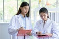 Asian young female working and research scientist together