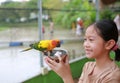 Asian young girl kid holding Aluminium bowl feeding macaw bird animal in zoo