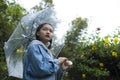 Asian young girl wear jean coat with umbrella in the garden