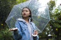 Asian young girl wear jean coat with umbrella in the garden