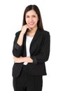 Asian young long brown hair successful beautiful female businesswoman wears black formal suit with pants and white inner shirt Royalty Free Stock Photo