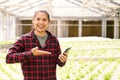 Asian young man farmer using smart phone in hydroponics farm Royalty Free Stock Photo