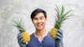 Asian young man holding a pineapple on gray background Royalty Free Stock Photo