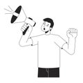 Asian young man shouting megaphone flat line black white vector character Royalty Free Stock Photo