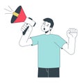 Asian young man shouting megaphone flat line color vector character Royalty Free Stock Photo