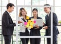 Asian young millennial professional successful male businessman and female businesswoman employee colleague in formal suit stand Royalty Free Stock Photo