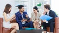 Asian young professional successful professional, business man and business woman in formal suit holding tablet computer, document Royalty Free Stock Photo