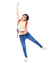 Asian young student girl raising a hand with book