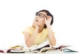 Asian young student girl thinking with book Royalty Free Stock Photo