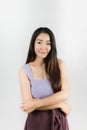 Asian young woman happy smile wearing a purple single line dress Royalty Free Stock Photo