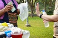 Asian young woman rejecting and trying to reduce the use of plastic bags,campaign to stop plastic pollution,say no to plastic bags