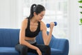 Asian young woman workout exercise with dumbbells to build bicep curl muscle.Arm day workout.Athlete woman concentration exercise Royalty Free Stock Photo