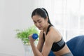 Asian young woman workout exercise with dumbbells to build bicep curl muscle.Arm day workout.Athlete woman concentration exercise Royalty Free Stock Photo