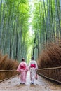 Asians woman wearing japanese kimono at Arashiyama bamboo forest in Kyoto, Japan Royalty Free Stock Photo