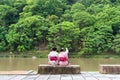 Asians woman wearing japanese kimono beside a river