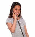 Asiatic charming young woman speaking on phone