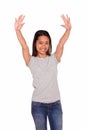 Asiatic young woman greeting with two hands up