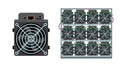 ASIC bitcoin miner and ASIC mining farm. Bitcoin mining. Cryptocurrency mining equipment and hardware flat vector