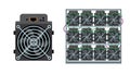 ASIC bitcoin miner and ASIC mining farm. Bitcoin mining. Cryptocurrency mining equipment and hardware flat vector Royalty Free Stock Photo