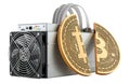 ASIC miner with bitcoin cut in half. Bitcoin halving, concept. 3D rendering Royalty Free Stock Photo