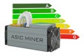 ASIC miner with energy efficiency chart, 3D rendering