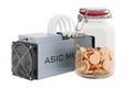 ASIC miner with glass jar full of golden coins, 3D rendering