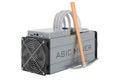 ASIC miner with pickaxe, mining concept. 3D rendering