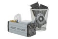 ASIC miner and video card GPU in garbage bin. 3D rendering