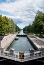 Asikkala, Finland - 16 July 2020: Vaaksy Canal between two big lakes Vesijarvi and Paijanne. Gateway is open for boats going Royalty Free Stock Photo