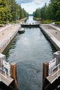 Asikkala, Finland - 16 July 2020: Vaaksy Canal between two big lakes Vesijarvi and Paijanne. Gateway is open for boats going Royalty Free Stock Photo