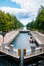 Asikkala, Finland - 16 July 2020: Vaaksy Canal between two big lakes Vesijarvi and Paijanne. Gateway is open for boats going Royalty Free Stock Photo