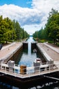 Asikkala, Finland - 16 July 2020: Vaaksy Canal between two big lakes Vesijarvi and Paijanne. Gateway is open for boats going Royalty Free Stock Photo