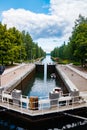 Asikkala, Finland - 16 July 2020: Vaaksy Canal between two big lakes Vesijarvi and Paijanne. Gateway is open for boats going Royalty Free Stock Photo