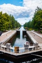 Asikkala, Finland - 16 July 2020: Vaaksy Canal between two big lakes Vesijarvi and Paijanne. Gateway is open for boats going Royalty Free Stock Photo