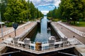 Asikkala, Finland - 16 July 2020: Vaaksy Canal between two big lakes Vesijarvi and Paijanne. Gateway is open for boats going Royalty Free Stock Photo