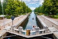 Asikkala, Finland - 16 July 2020: Vaaksy Canal between two big lakes Vesijarvi and Paijanne. Gateway is open for boats going Royalty Free Stock Photo