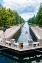 Asikkala, Finland - 16 July 2020: Vaaksy Canal between two big lakes Vesijarvi and Paijanne. Gateway is open for boats going Royalty Free Stock Photo