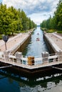 Asikkala, Finland - 16 July 2020: Vaaksy Canal between two big lakes Vesijarvi and Paijanne. Gateway is open for boats going Royalty Free Stock Photo