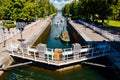 Asikkala, Finland - 16 July 2020: Vaaksy Canal between two big lakes Vesijarvi and Paijanne. Gateway is open for boats going Royalty Free Stock Photo