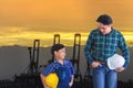 Asina father son walking together in Transportation port industry for family industry future concept Royalty Free Stock Photo