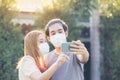 Asia couple In Medical Masks Making Selfie With Phone