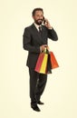 Ask deliver your purchases. Business communications. Busy with conversation. Businessman formal suit holds bunch paper