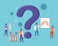 Ask the doctor. A group of female and male doctors , medical professional standing in front a huge question mark. Vector