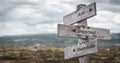 ask important questions text engraved on wooden signpost outdoors in nature. Royalty Free Stock Photo